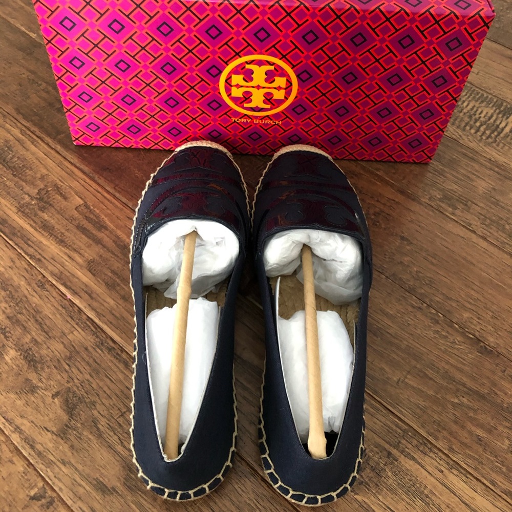 NWT Tory Burch Poppy Logo Espadrille Flat Navy - Picture 4 of 7